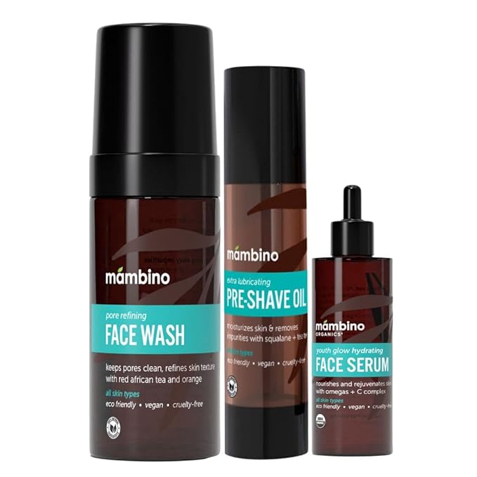 Mambino Organics Clean Shaving Set, Triple Action Shaving Essentials with Tea Tree Shave Oil, Jojoba Oil Pre-Shave, Foaming Cleanser & Face Serum, Vegan & Cruelty-Free Grooming Set, 7.5 fl oz