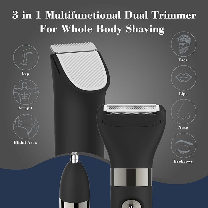 Hatteker 3 in 1 Multifunctional Dual - Head Body Hair Trimmer for Men, IPX7 Waterproof Nose/Eyebrow Trimmer, Rechargeable Body Electric Shaver Razor