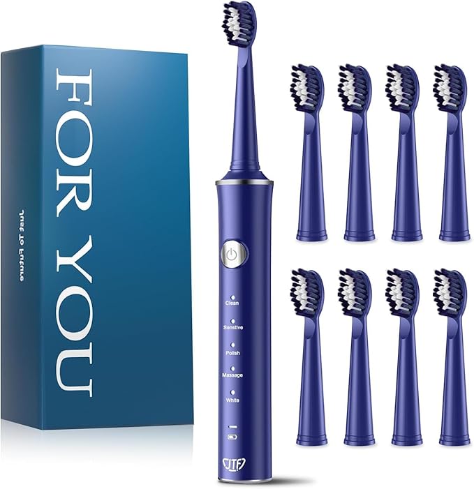 JTF Sonic Electric Toothbrush for Adults & Kids: 5 Modes for Sensitive Teeth, Effective Yet Gentle Cleaning - with 8 Brush Heads & Smart Timer, Rechargeable Portable for Daily Care, Home & Travel Use