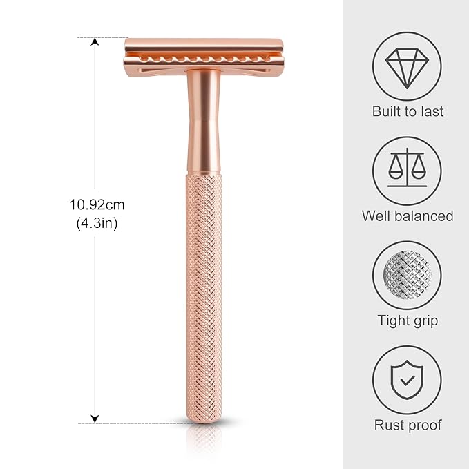 Safety Razor for Men & Women - Double Edge Single Blade Razor with 10 Blades, Reusable One Blade Razor for Close Shave (Mens & Womens Razor, Eco-Friendly)-Rose gold