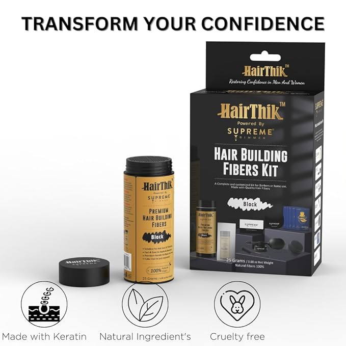 Supreme Trimmer Hair Building Fibers 8-in-1 Kit | 25G Keratin Fibers, Pump Nozzle, Hairline Cards, S&L Shaker, Brush, Wipes, Mirror | Conceal & Thicken Thinning Hair in Men & Women | Black