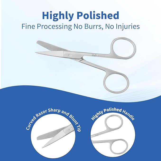 RWD Surgical Scissors 4 Inch, Sharp & Blunt Curved Tip Medical Scissors, Martensitic Stainless Steel Surgical Scissor, Precision Cutting for Surgery, Dental & Lab, S14002-10