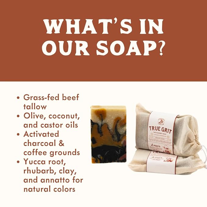– Beef Tallow Soap Bar 3-Pack – John Wayne Inspired – Cedar & Campfire Scent – Cold Process Bar Soap with Activated Charcoal & Coffee Grounds – 4 oz Each