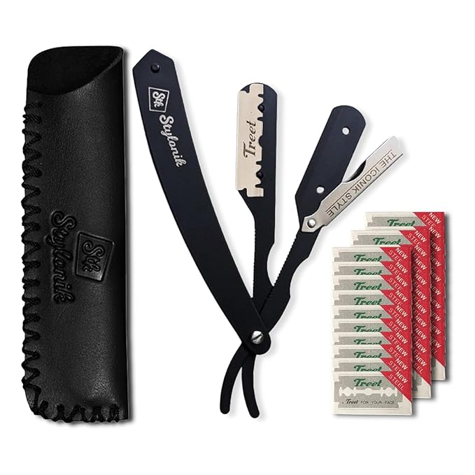 Professional Straight Edge Barber Razor – 60 Single/30 Double-Sided Stainless Steel Blades for Men & Women, with Leather Case (Silver)