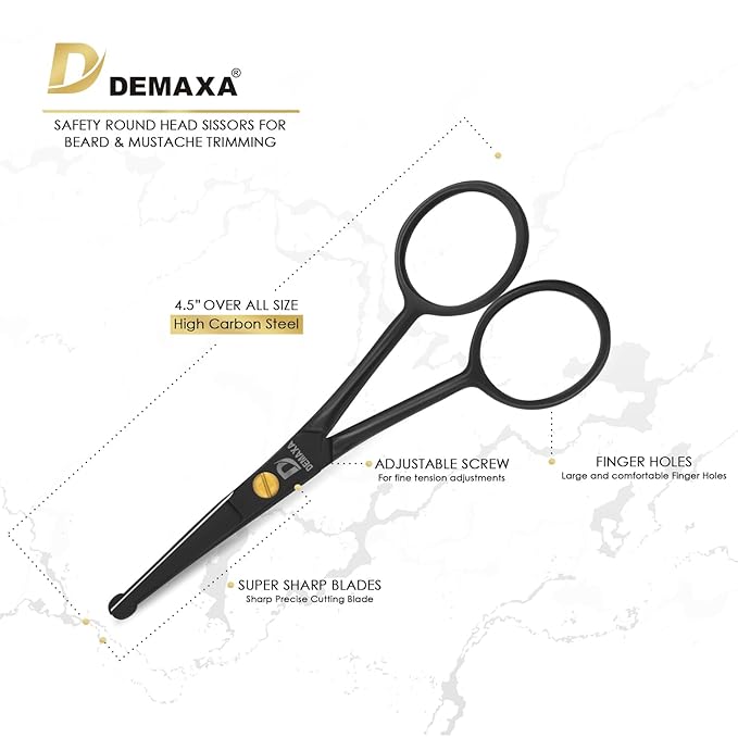 4.5" Round Tip Safety Mustache Scissors Beard Scissors with 1 Mustache Comb, 1 Beard Comb & Soft Pouch – Best Facial Hair Shears for Beard Mustache Trimming Nose & Ear Hair