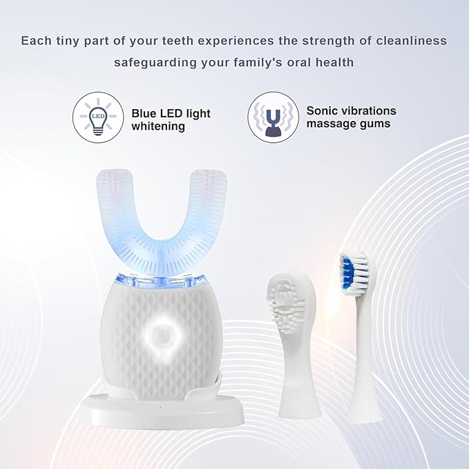 Smart U-Shaped Ultrasonic Toothbrush for Adults: 360° Full Mouth Cleaning with Auto Rotation, Smart Pressure Sensor & LED Light, Includes Foam Mousse, 4 Brush Heads and Charging Base (white)