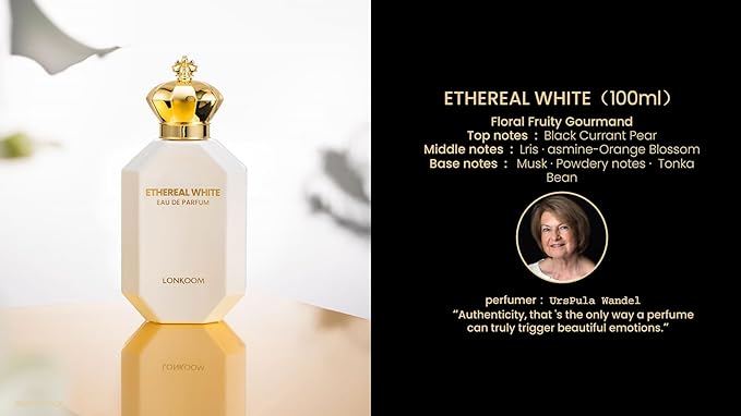Lonkoom Ethereal White Perfume for Women, 3.4 Fl Oz/100ml Eau de Parfum Spray Long-Lasting Fragrance, Floral Fruity Gourmand Notes of Black Currant Pear Lris Jasmine Orange Blossom Praline, Vanilla