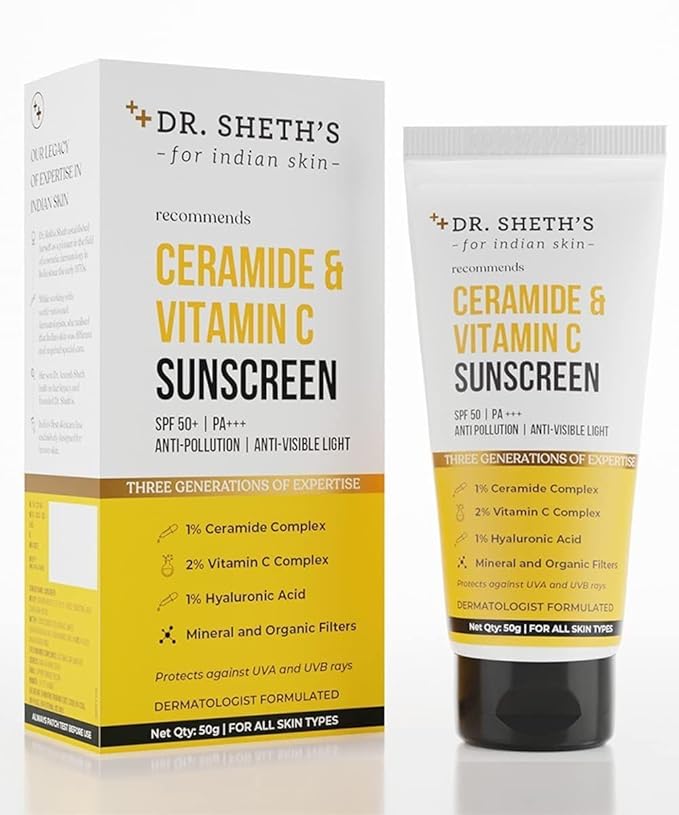 Dr. Sh.eth's Ceramide & Vitamin C Sunscreen | SPF 50+ Pa+++ | In-Vivo Tested | For Bright Skin & Healthy Glow | UVA/B & Bluelight Protection | For Men & Women | For All Skin Type | 50 g