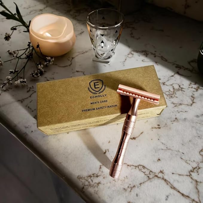 Elegant Rose Gold Safety Razor for Women–Vintage Double Edge Razor with 10 Swedish Blades, Stainless Steel Handle, Gift Box Set by Echolly (Solar Crown)