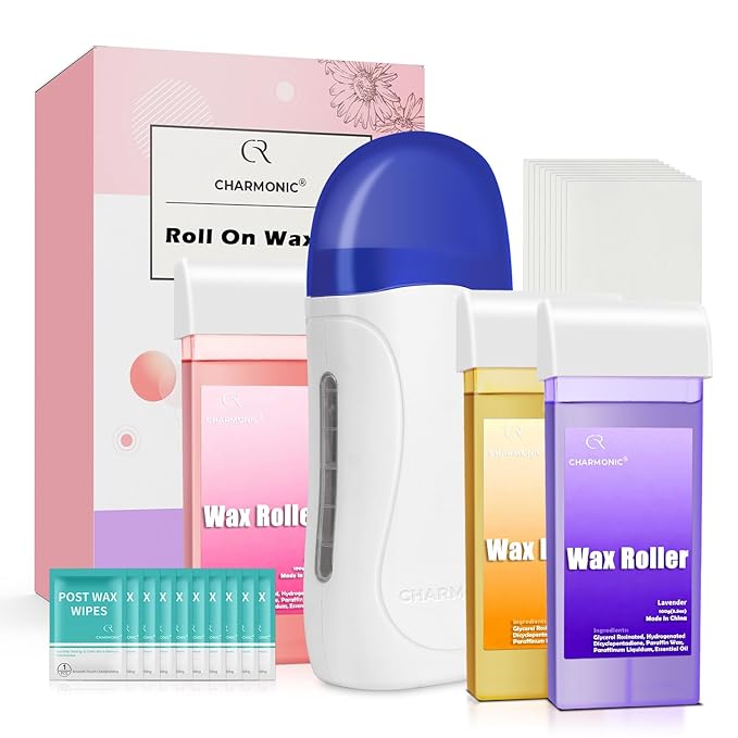 Roll On Wax Kit, Portable Wax Roller Kit for Coarse/Fine Hair Removal, Beginners Waxing Roller for All Skin Types with 3 Pcs 100g Roll Cartridge, 100 Non-Woven Strips & 10 After Oil Wipes (F1_White)