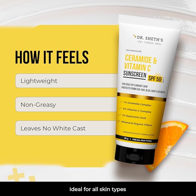 Dr. Sheth's Women & Men Ceramide & Vitamin C Sunscreen For All Skin Types Spf 50+ Pa+++ | For Deep Moisturization | Non-Greasy,Quick-Absorbing | 80G,Pack Of 1