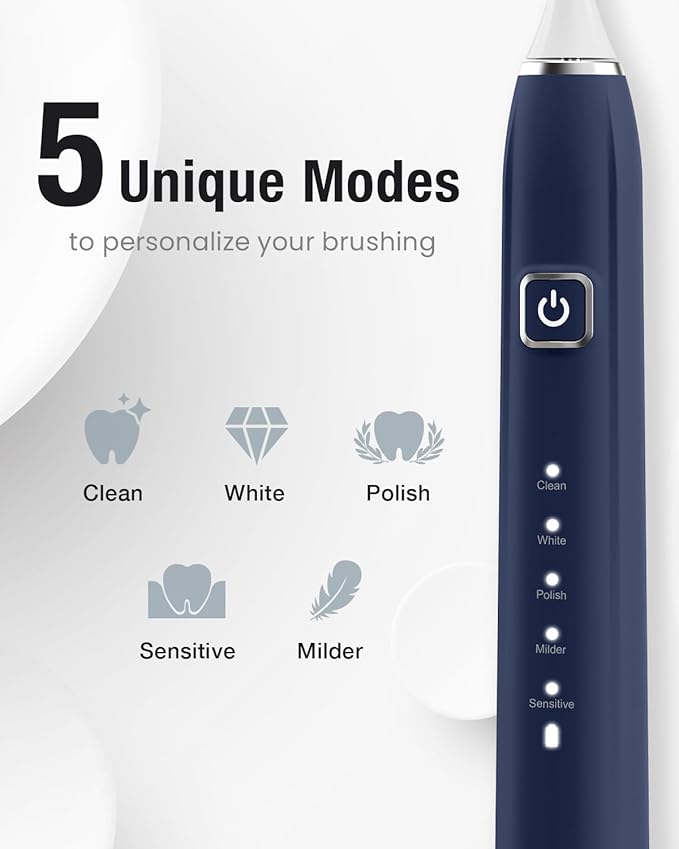 7AM2M Ultrasonic Electric Toothbrush with 6 Brush Heads for Adults&Kids, Type C Rechargeable, One Charge for 120 Days, 5 Modes&40000VPM Powered Toothbrush, 2 Minutes Built in Smart Timer (Navy Blue)