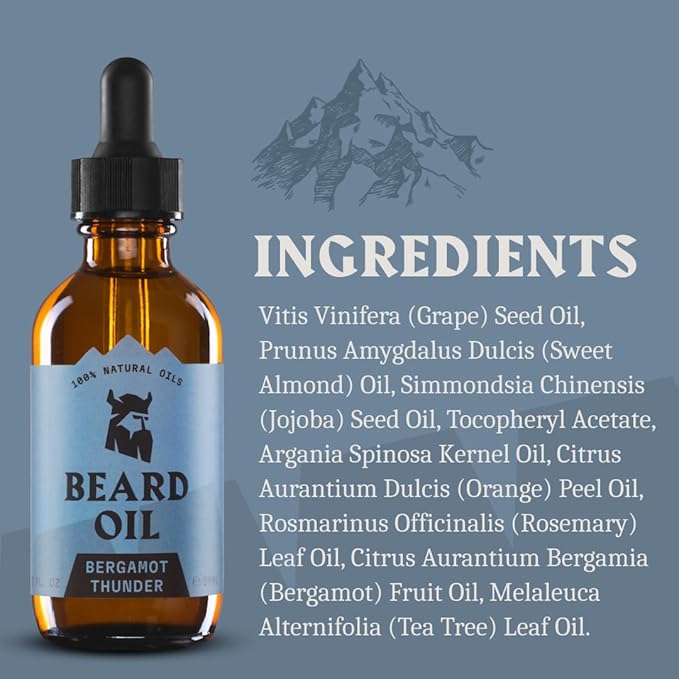 Striking Viking Beard Oil for Men -2 Fl Oz (1 Pack), Bergamot Thunder - Naturally Derived Conditioner with Almond, Tea Tree, Argan & Jojoba Oil for Beard Growth, Softening & Moisturizing