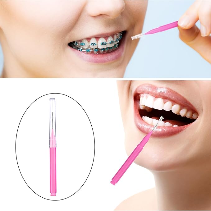 Patelai 100 Pieces Braces Brush for Cleaner Interdental Brush Toothpick Dental Tooth Flossing Head Oral Dental Hygiene Flosser Toothpick Cleaners Tooth Tool(Pink,Portable Size)