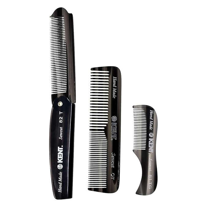 Kent Set Men's Hair Pocket Combs, 81T X-Small, OT All Fine Tooth, 82T Fine Tooth Folding Comb. Best Hair, Beard and Mustache Grooming Kit for Travel and Home Care, Handmade in England