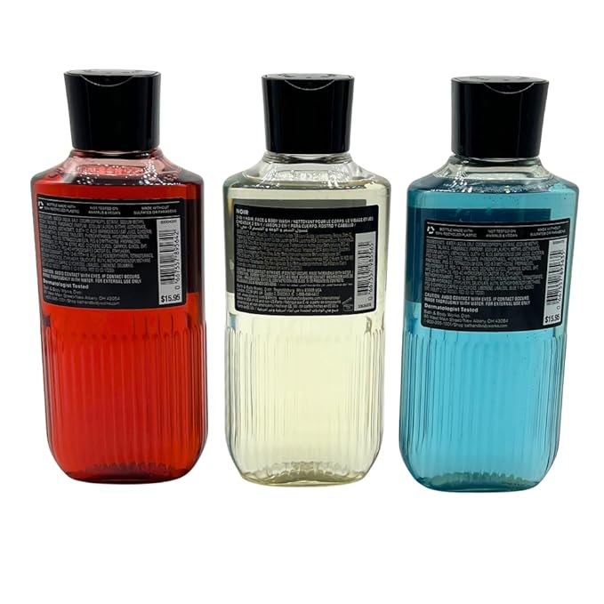 Bath & Body Works BOURBON, NOIR, OCEAN Men's Collection 3-in-1 Hair, Face & Body Wash 3-piece Gift Set with a Blue Bow for Holidays - 10 fl oz each