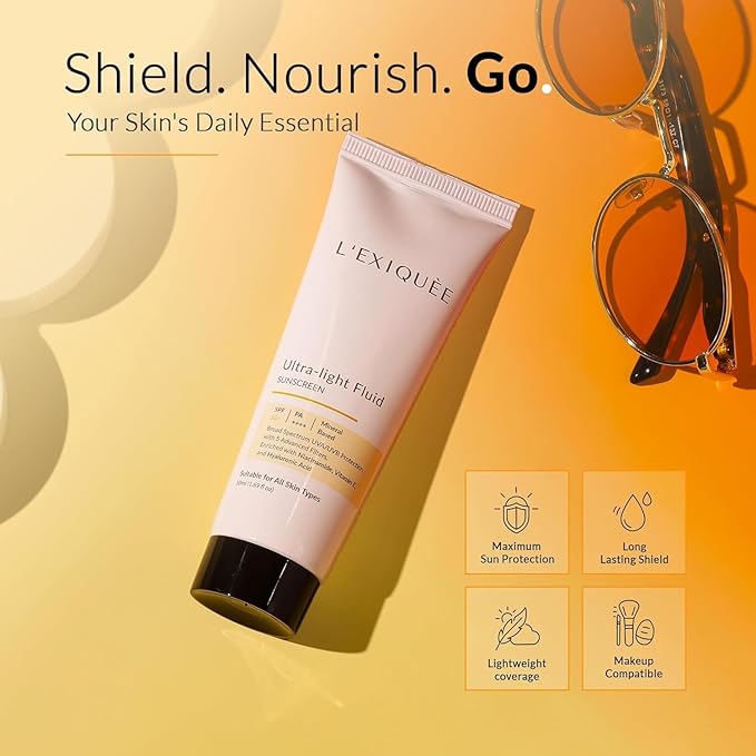 L'E'X'IQUÉE Ultra-Light Mineral-Based Sunscreen SPF 55+ PA++++ | No White Cast Fluid for Face | Non-Greasy Facial Sunscreen with Niacinamide & Hyaluronic Acid | Men & Women | 1.69 fl oz