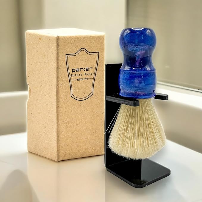 Parker Safety Razor, THE BIG BLUE BOAR, Deluxe Iridescent BlueHandle 100% Boar Bristle Shaving Brush, Large 24 MM Brush knot for a Better Lather! Shave Stand Included