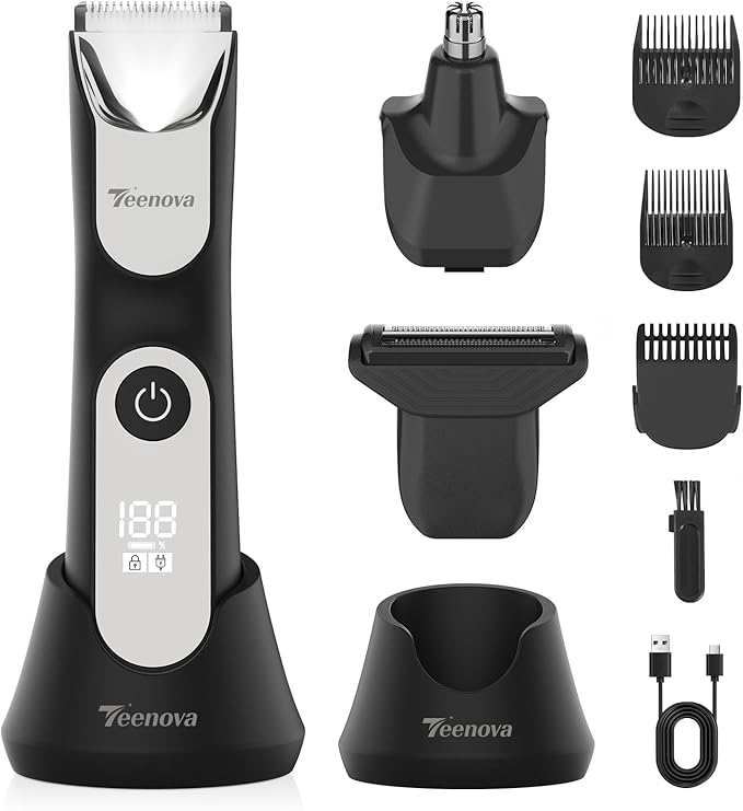 Electric Body Hair Trimmer Shaver - 3 in 1 Pubic Trimmer for Men - Bikini Trimmer for Women - No Nick Groin Ball Razor with Ceramic Blade Head, Wireless Dock Charging (Silver)
