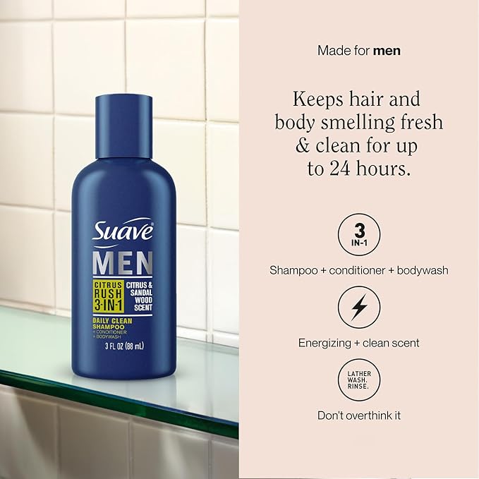 Suave Men’s 3-in-1 Shampoo, Conditioner, & Body Wash, Travel-Size 6-Pack, Citrus Rush, 3 Oz Ea