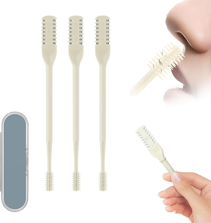 3 Pcs 2-in-1 Nasal Hair Trimmer Set, 360° Rotating Double-Sided Nose & Ear Hair Cutter for Men & Women, Portable Nostril Grooming Tool with Soft Cleaning Brush(Cream)
