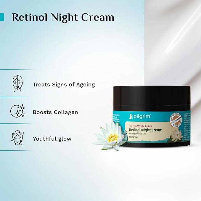 Pilgrim Retinol Night Cream with Hyaluronic Acid & Vitamin C | Lightweight Overnight Face Moisturizer for Oily & Dry Skin | For Men & Women | 1.76 Oz (50g)