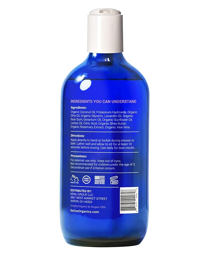 Certified Organic Lavender Body Wash by Be-One - Paraben & Sulfate Free - Moisturizing - Sensitive Skin - All Natural - Organic Soap - For Men & Women - Gentle - Eczema - Vegan - Made in USA