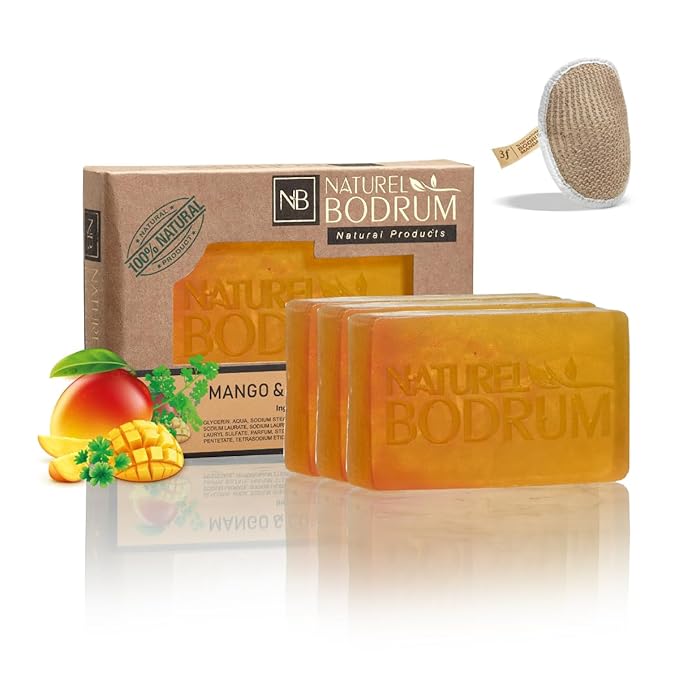 Mango and Coriander Organic Soap Bar for Women and Men, Pack of 3 Glycerin Soap Bars - UV-Repair & Acne-Control Bar Soap with Beta-Carotene & Vitamin E - Natural & Vegan Spa Gift, for All Skin Types