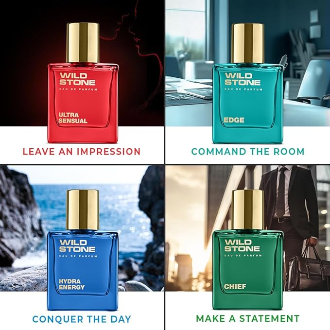 Wild Stone Men’s 4-Pack Eau de Parfum Gift Set (4 × 1 oz / 30 ml) — Edge, Ultra Sensual, Hydra Energy & Chief — Long-Lasting Masculine Fragrances