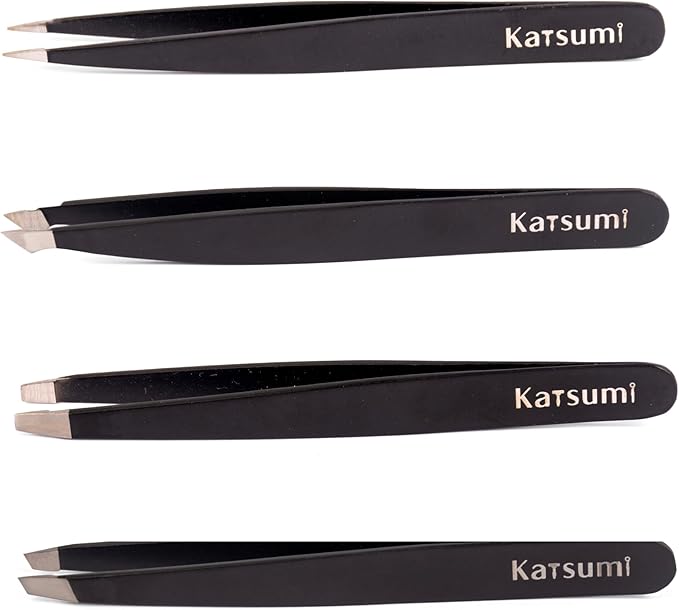 Katsumi Pinnacle 4-Piece Tweezers Set – Precision Stainless Steel Tweezers for Eyebrows, Facial Hair, Ingrown Hair, Splinters – Professional Beauty Kit Black