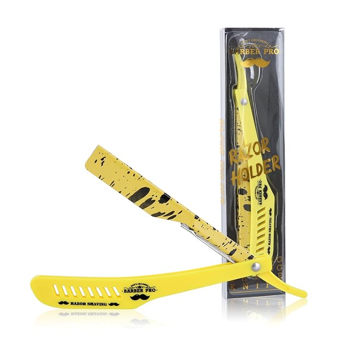 Professional Straight Razor Holder for Barbers – Folding Shaving Razor Handle, Stainless Steel Blade Compatible, for Barber Shop & Home Grooming (Yellow)