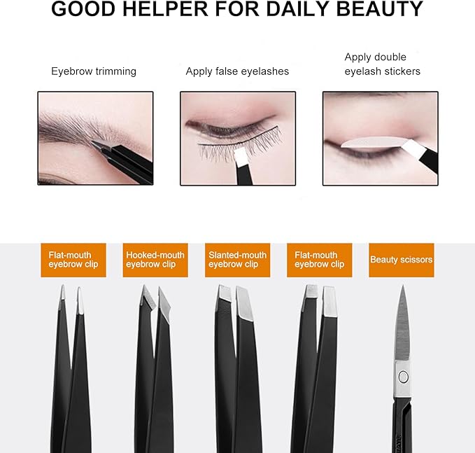 SetSail 5-Piece Premium Set Matte Black Stainless Steel Eyebrow Tweezers Kit with 4 Precision Tips (Slant/Pointed/Flat/Rounded) & Sharp Grooming Scissors for Facial Hair Removal & Splinter Extraction