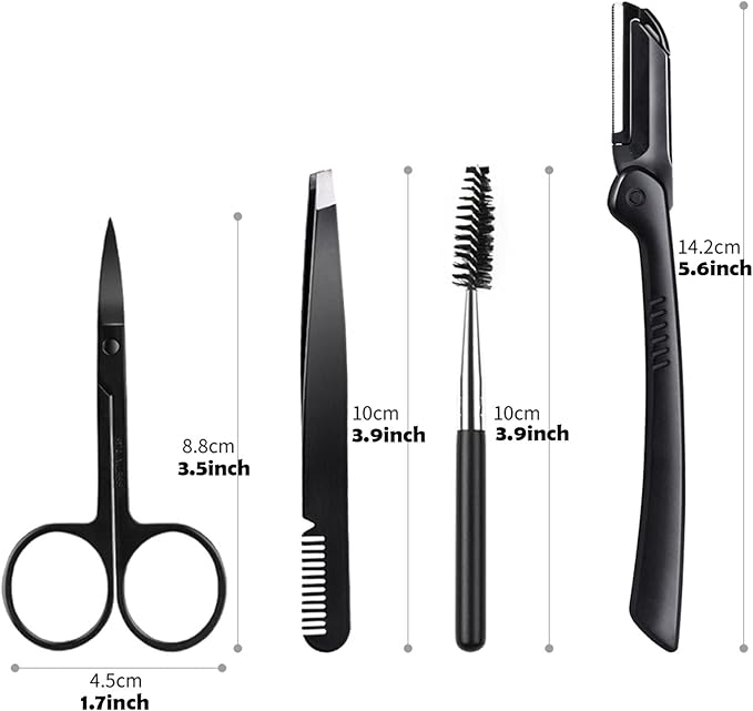Eyebrow Razor Kit, 4 in 1 Professional Eyebrow Grooming Set for Women and Men, Including Eyebrow Razor Trimmer, Tweezer, Scissor, Eyelashes Roller, Storage Bag