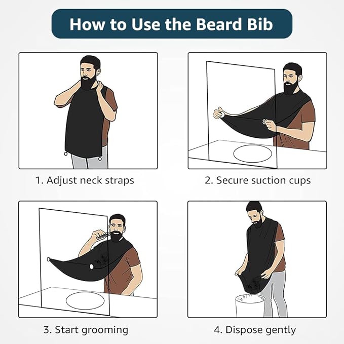 Beard Bib Beard Apron, Beard Bib Hair Catcher for Men Shaving, Non-Stick Beard Bib Apron for Men with Strong Suction Cups, Gifts for Men Husband, Grooming Kit for Men - Black