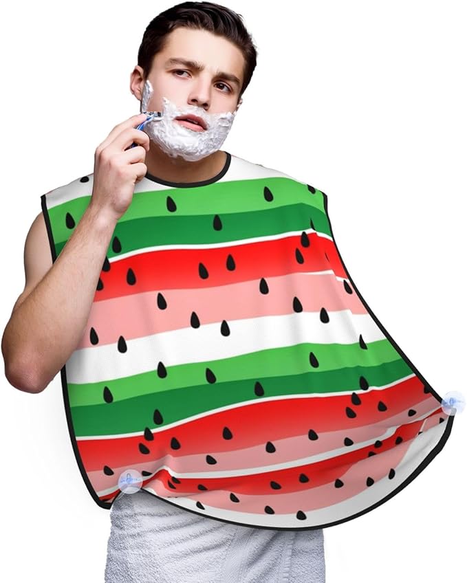 Non-Stick Beard Shaving Bib, Hair Catcher Apron with Suction Cups, Waterproof Grooming Tool for Men Husband, Watermelon Red Green Stripes Shave Bib