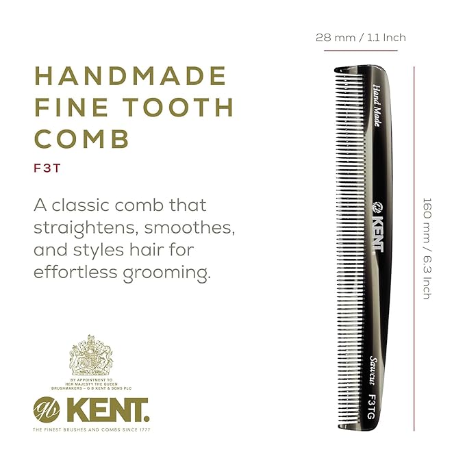 Kent F3T Black Graphite Fine Tooth Comb - Hair Parting and Straightening Comb for Men's & Women's Dandruff Remover, Saw Cut and Hand Polished Made in England