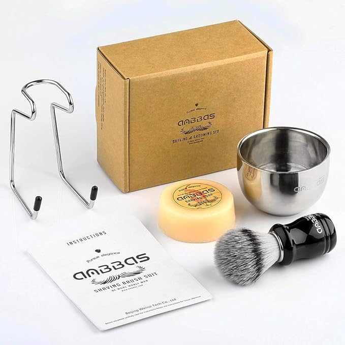 Anbbas Synthetic Badger Hair Shaving Brush,Stainless Steel Shaving Stand and Bowl,Goat Milk Shaving Soap 100g for Men Wet Shave Kit