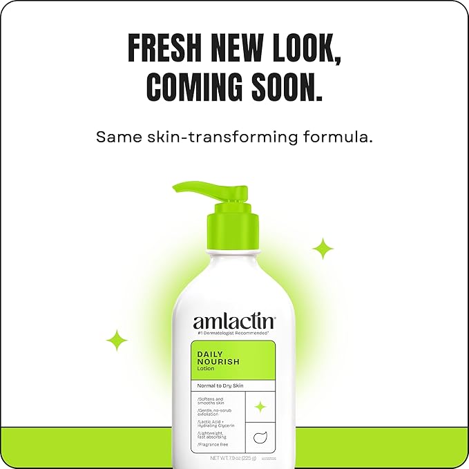 AmLactin Daily Nourish Therapeutic Body Lotion for Dry Skin - No-Scrub Exfoliator and Moisturizer - AmLactin 12% Lactic Acid Lotion, 7.9 oz (Packaging May Vary)