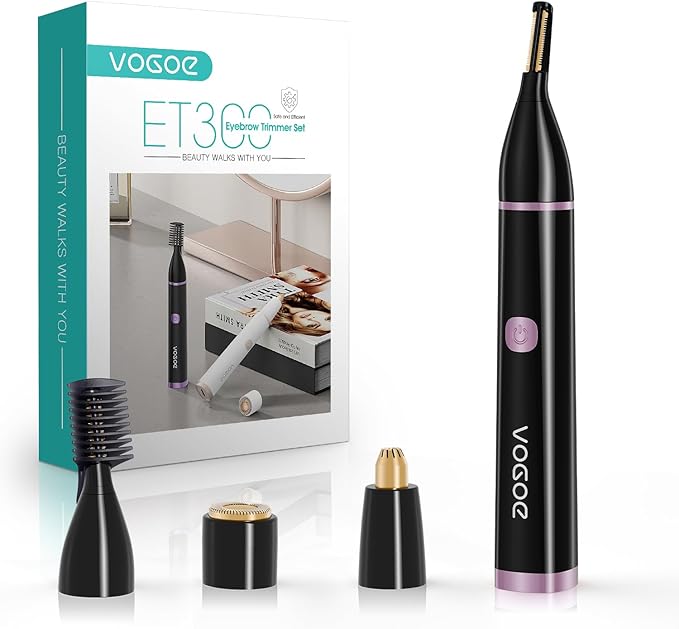 VOGOE Eyebrow Trimmer for Women, 3-in-1 Electric Eyebrow Razor & Facial Hair Remover, Painless Rechargeable & Portable for Brows, Peach Fuzz, Lips and Chin (Black)