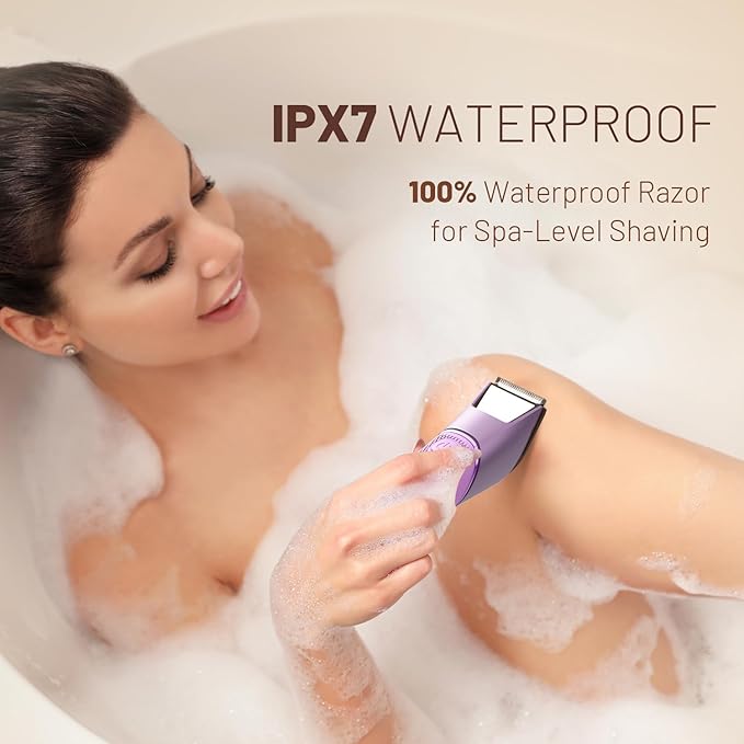 Rechargeable Bikini Trimmer for Women: Pubic Hair Razor with Mirror & LED Light - IPX7 Waterproof Electric Shaver, Travel Lock & Ceramic Blades for Legs Underarm - Shocking Purple