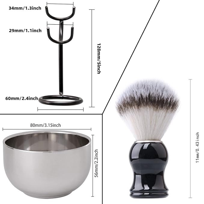 Grandslam 3 in 1 Shaving Brush Set - Stainless Steel Bowl and Stand Kit for Men, Black