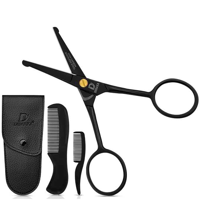 4.5" Round Tip Safety Mustache Scissors Beard Scissors with 1 Mustache Comb, 1 Beard Comb & Soft Pouch – Best Facial Hair Shears for Beard Mustache Trimming Nose & Ear Hair
