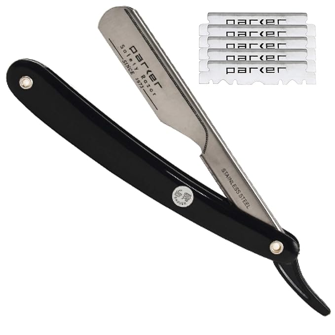 Parker PTB Professional Straight Razor with Replaceable Blades – All‑Stainless‑Steel Push‑Type Design + 5 Parker Platinum Half Blades – Barber‑Grade Razor for Precision Shaving & Detailing