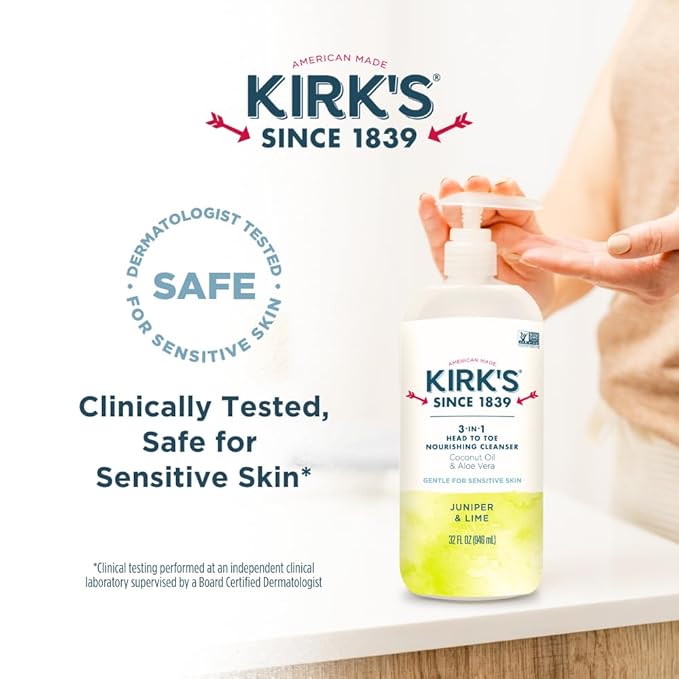 Kirk's 3-in-1 Head to Toe Nourishing Liquid Cleanser- for Men, Women & Children - Premium Coconut Oil & Aloe Vera- Non GMO & Vegan -Juniper & Lime - 32 Fl Oz