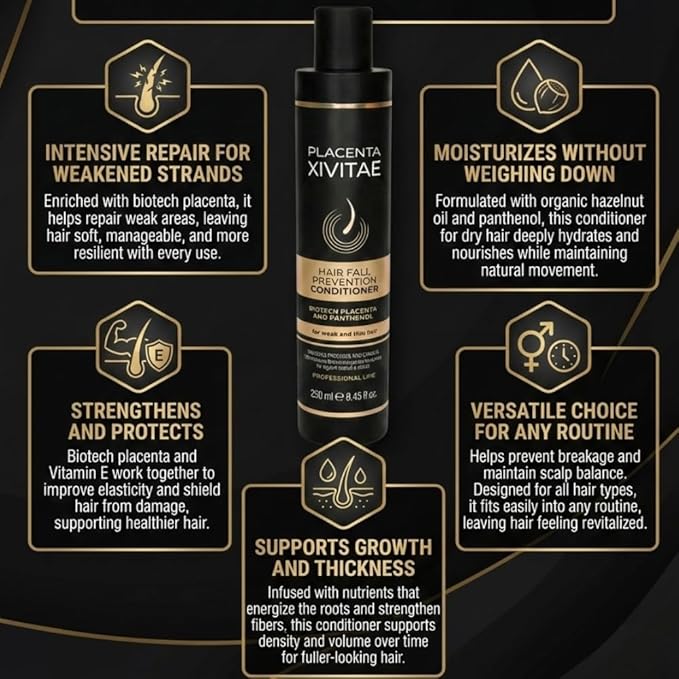 Conditioner for Damaged Hair Fall Prevention with Biotech Placenta 250 ml - Moisturizing and Strengthening - Professional Deep Hair Conditioner with Organic Hazelnut Extract and Panthenol