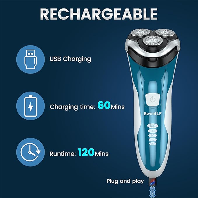 SweetLF Men's Electric Razor | Wireless Charging | Long Battery Life | 3-Blade Design | Wet & Dry Shaving