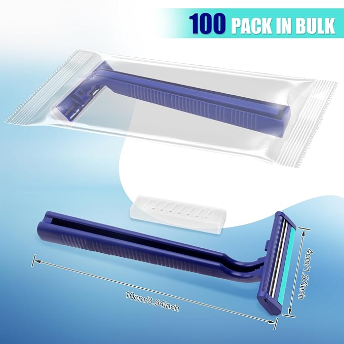 Disposable Razors Bulk for Men 100 Pack, Homeless Supplies Bulk, Twin Blade Mens Travel Supply Razor for Shaving, Safety Beard Shavers for Camping Bathing Hotel (Blue)