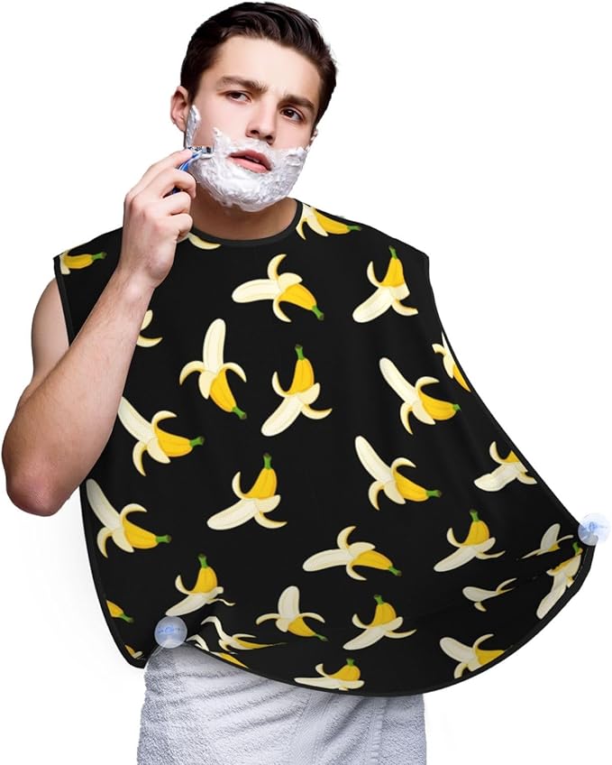 Beard Bib Apron for Men Shaving, Waterproof Non-Stick Hair Catcher with Suction Cups, Grooming Essential for Dad Husband, Yellow Banana Fruit Funny Black Pattern Shave Bib