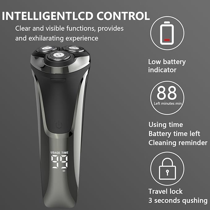 Electric Razor for Men,4D Floating Head Rotary Electric Razor,Ipx7 Waterproof Shavers for Men Wet & Dry Shaver with LCD Display& Quiet Motor (Black)