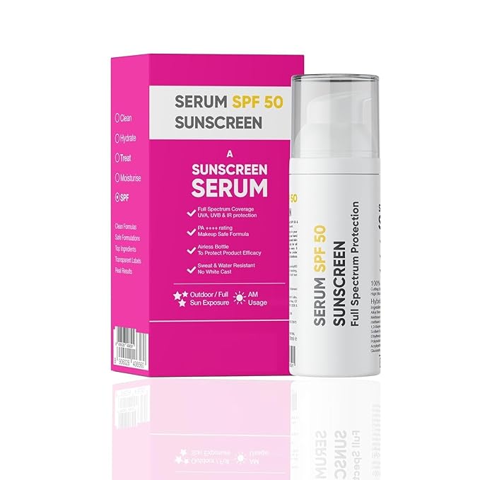 MI Sunscreen Serum SPF 50 PA++++ | Broad Spectrum UVA, UVB & IR Protection | No White Cast | Ultra-Lightweight | Skin Safe | Dewy Finish | Non-Greasy, Quick Absorbing | For Women & Men | 30ml